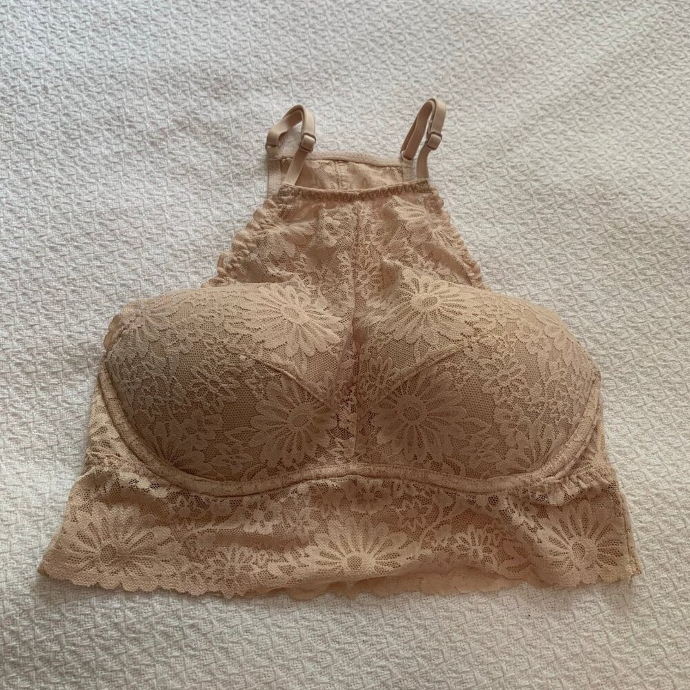 PINK Victoria's Secret Tan Floral Lace High‎ Neck Bralette Small Molded Cups